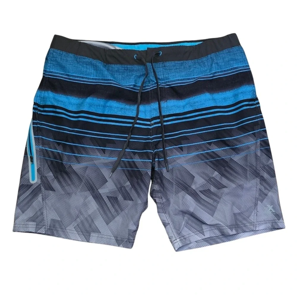 ZeroXposur Mens Board Shorts Blue Grey Geometric Stripe Swim Trunks Size XL